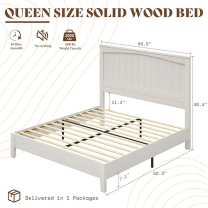 Solid Wood Bed Frame with 48" Headboard, Mid-Century Modern Platform Bed with Durable Wooden Slats, No Box Spring Needed