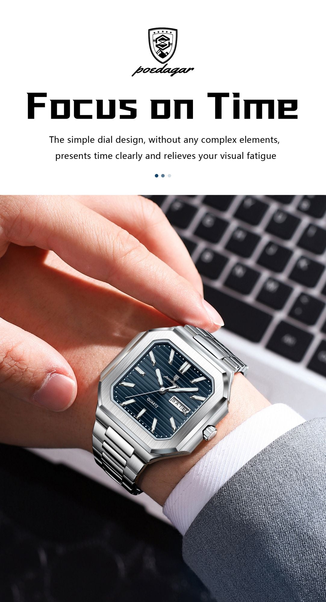 POEDAGAR Square Fashion Man Wristwatch Waterproof Luminous Date Week Quartz Men's Watches Stainless Steel Luxury Men Watch Reloj