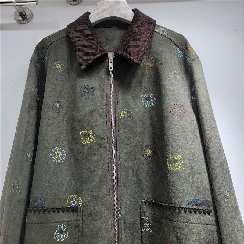 SuperAen Heavy Industry Embroidery Brown Suede Jacket Women's 2025 Autumn New High-end Retro Casual Jacket