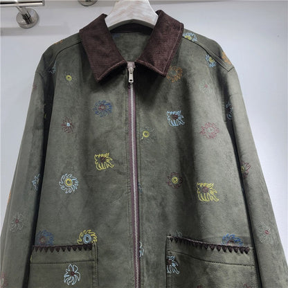 SuperAen Heavy Industry Embroidery Brown Suede Jacket Women's 2025 Autumn New High-end Retro Casual Jacket