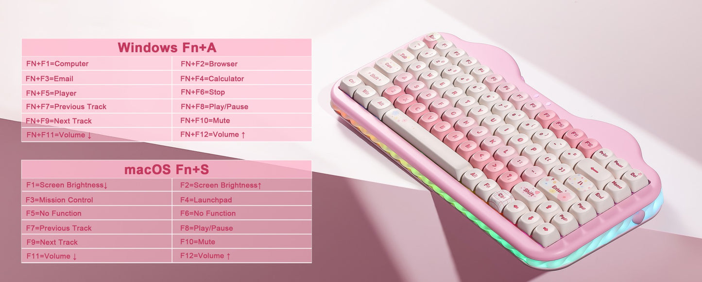 Teclado Mecânico Sem Fio Rosa YUNZII C75, Teclado RGB Hotswap Cremoso 75%, Suporte Gasket Design Cute Cake para Win/Mac/Gaming