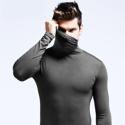 2025 Autumn New Men Mid to High Collar Warm Clothes Solid Color Outdoor Leisure Running Slimming Long Sleeve Bottom Shirt