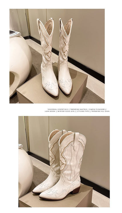Autumn Embroidered Western Cowboy Boots new Square Heels Pointed shoes Casual fashion long boots Comfortable waterproof shoes