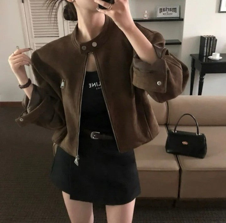 Retro American Coffee Brown Copper Zipper Button Short Jacket 2025 Autumn Trendy PU Leather Jacket Versatile for Dynamic Women