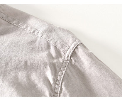 2024 Men's Linen Long-sleeved Shirt with Stand Collar, Youth Casual Loose Men's Cotton and Linen White Shirt.Beach Vacation Top
