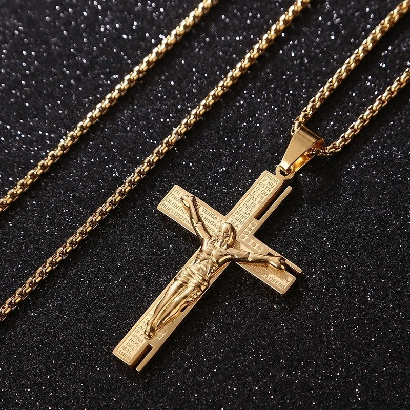 Colar Masculino Crucifixo Jesus Cristo Banhado a Ouro Pingente Cruz Religioso com Corrente Joias