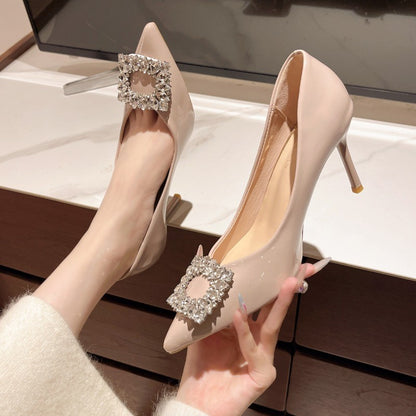 2025 Autumn Fashion New Sexy Banquet High Heels - Comfortable Crystal Square Buckle Pair with Dress Pointed Toe Women's Shoes