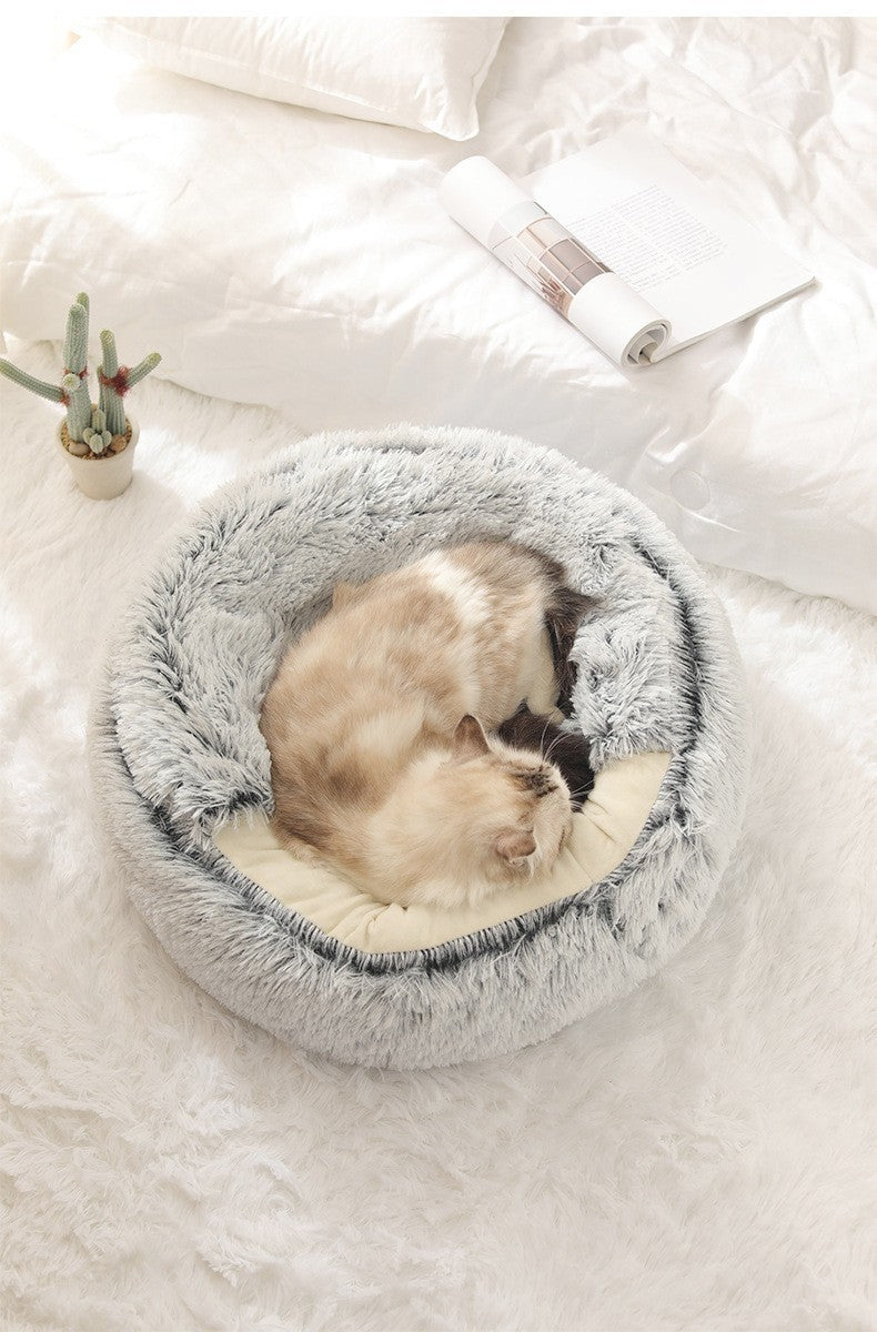 Cama para pets de pelúcia macia outono e inverno e cama para pets inverno quente e frio ninho edredom de pelúcia ninho de gato concha ninho de gato semi-fechado