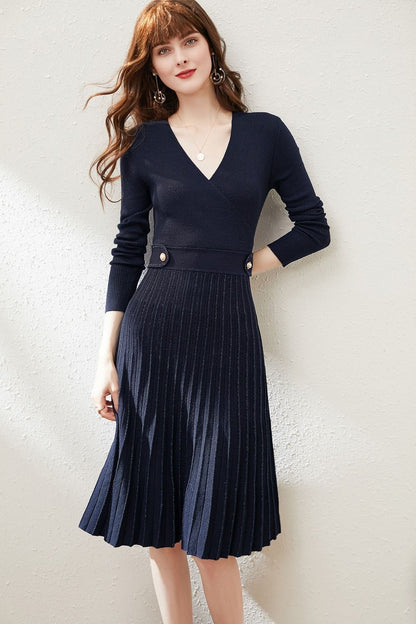 MARKOWO Desinger Brand 2022  Autumn and winter niche wool retro temperament slim V-neck knitted pleated dress