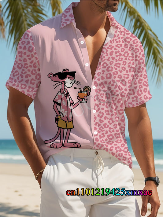 Summer New Men's Lapel Short Sleeve Hawaiian Shirt Leopard & Pink Panther Print Hawaii Vacation Casual Fashion Kids/Adult Tops