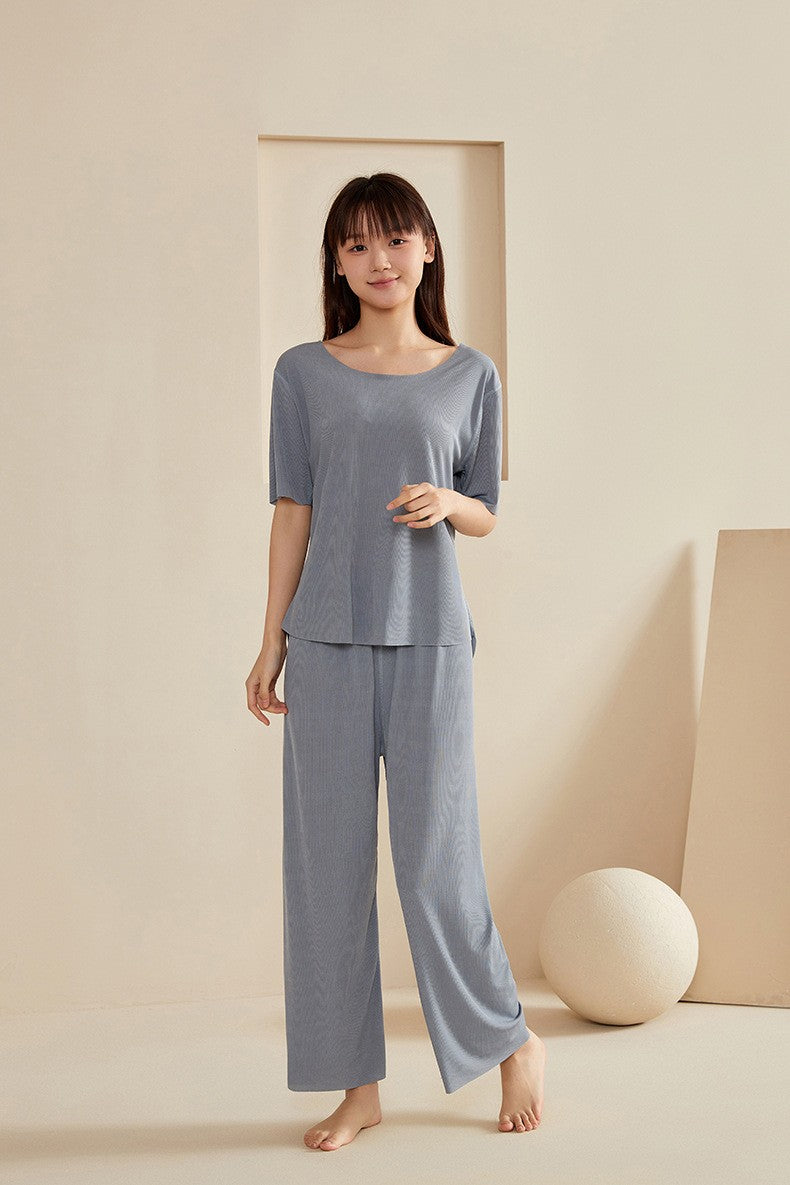 Super Thin Pajamas Suit Women Men Summer Ice Silk Cool Short-sleeved O-Neck Sleepwear Male Female Classic Simple Loungewear Suit
