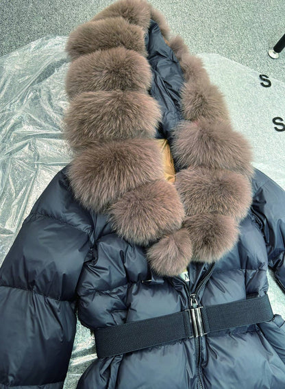 Janveny New Natural Thick Warm 90% White Duck Down Coat Long Winter Jacket Women Real Big Fox Fur Collar Belt Loose Puffer Parka