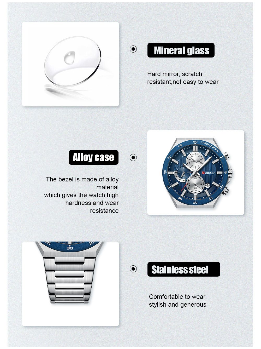 CURREN Classic 43mm Men's Watch Chronogrph Quartz Wristwatch with Stainless Steel Band Luminous Hands Auto Date