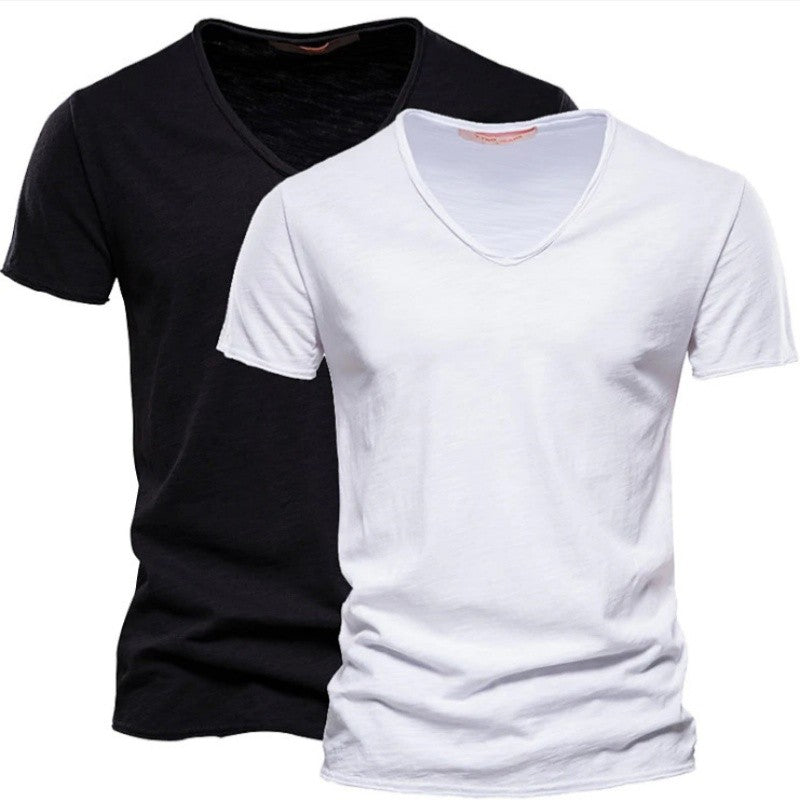 Plain Cotton Gym T-shirt Men Summer Fitness Clothing V-Neck Short Sleeve T shirt Slim Fit Tshirt Bodybuilding Workout Tees Tops