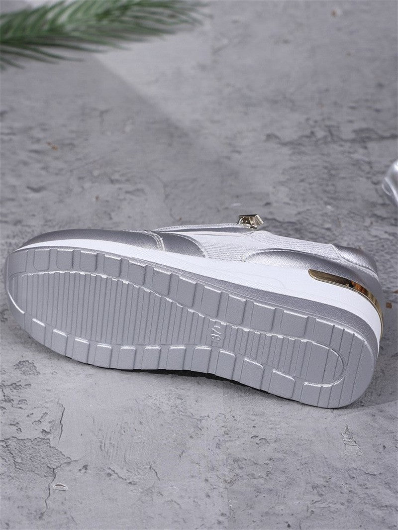 Fashion Thick Bottom Silver Sneakers Women 2025 Spring Wedge Heel Vulcanized Shoes Woman Comfortable Lace Up Sport Sneaker Mujer