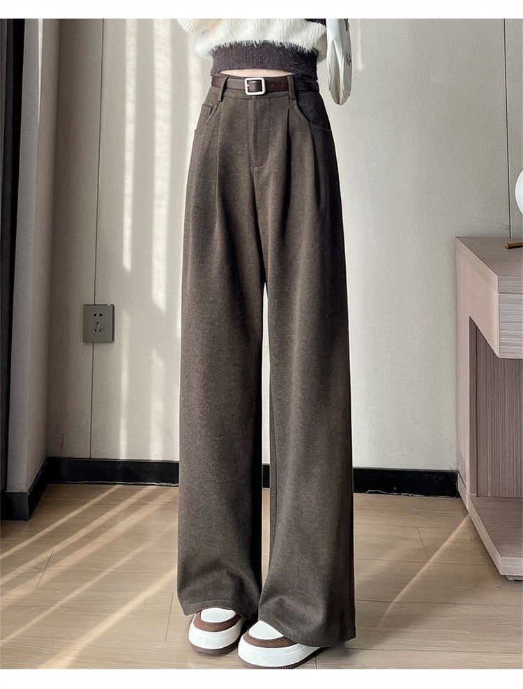 High Quality Woolen Wide Leg Pants Women Streetwear Belt Baggy Black Suit Pants Winter Korean Fashion Casual Straight Trousers