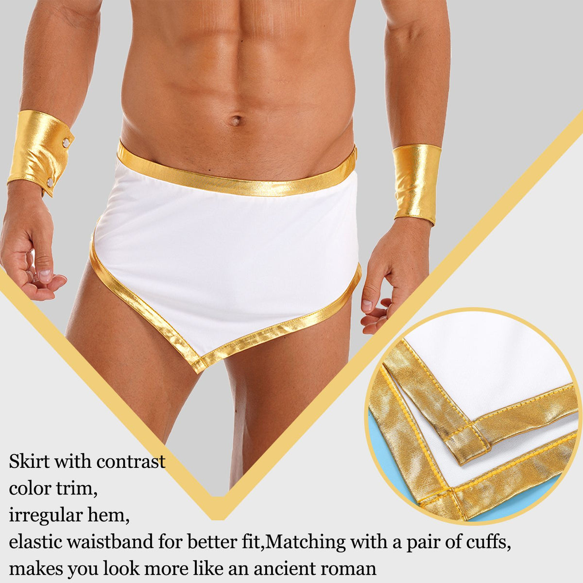Men Roman Gladiator Costume Ancient Greek God Caesar Mini Skirt with Cuffs Halloween Theme Party Cosplay Outfits Fancy Dress Up