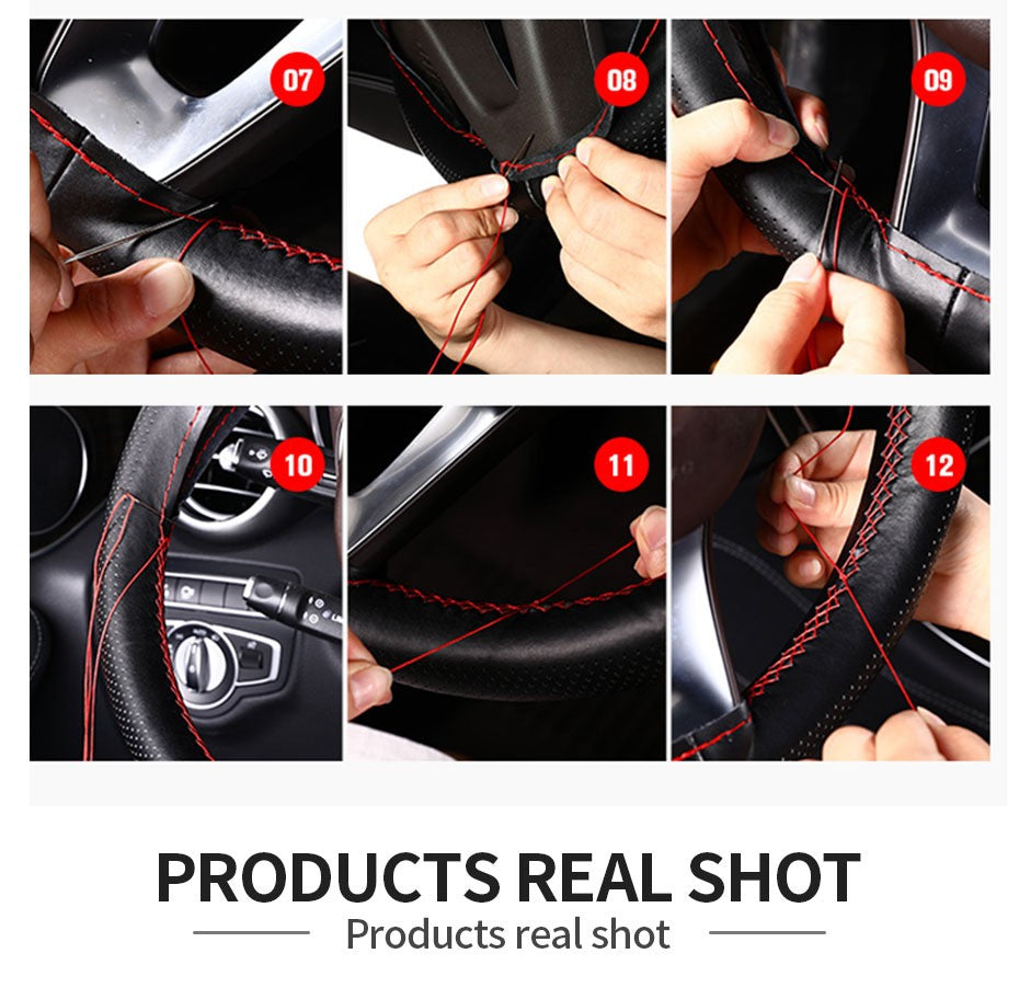 Capa de Volante SEAMETAL de Couro Genuíno com Agulhas e Linha, Trança DIY para Carro, Diâmetro 37-38cm