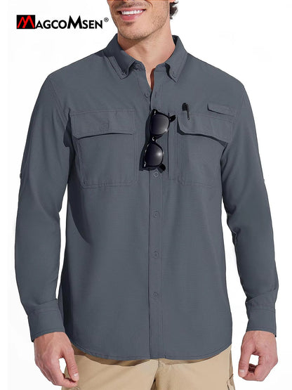 MAGCOMSEN Sun Protection Shirt Quick Dry Long Sleeve Mesh Breathable Shirt Multi Pockets Fishing Shirts Hiking Work Cargo Shirts