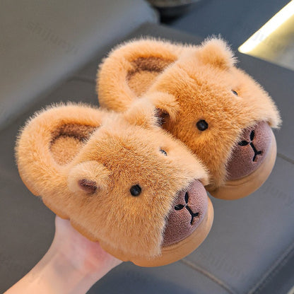 Capybara Children Slippers 2025 Winter New Cute Fluffy Cotton floor shoes woman Warm Indoor Cartoon Plush Floor Home Slippers