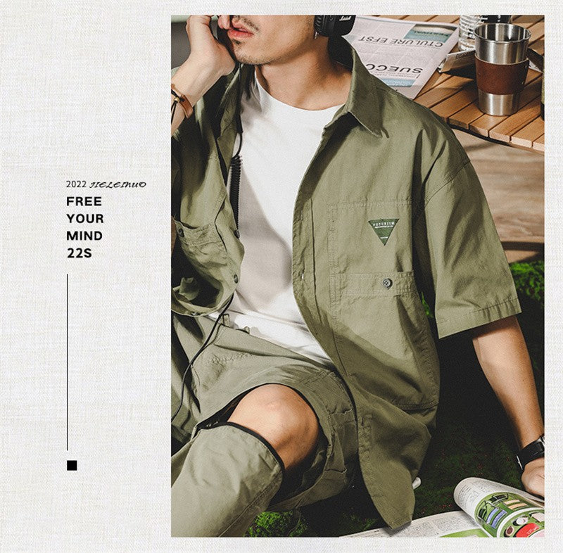 Summer hawaiian Casual Cargo Shirt For Men Oversized Short Sleeve Tee Shirts Y2K Streetwear Button Blouses Outdoor Masculino