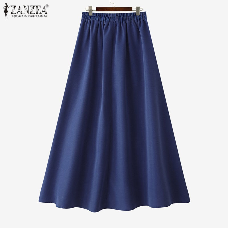 ZANZEA Plus Size Women Skirts Denin-Like Striped Patchwork Lace Trim Detail Lace-Up Elastic Waist A-Line Midi Skirt Casual Chic