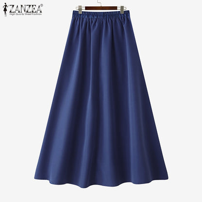 ZANZEA Plus Size Women Skirts Denin-Like Striped Patchwork Lace Trim Detail Lace-Up Elastic Waist A-Line Midi Skirt Casual Chic