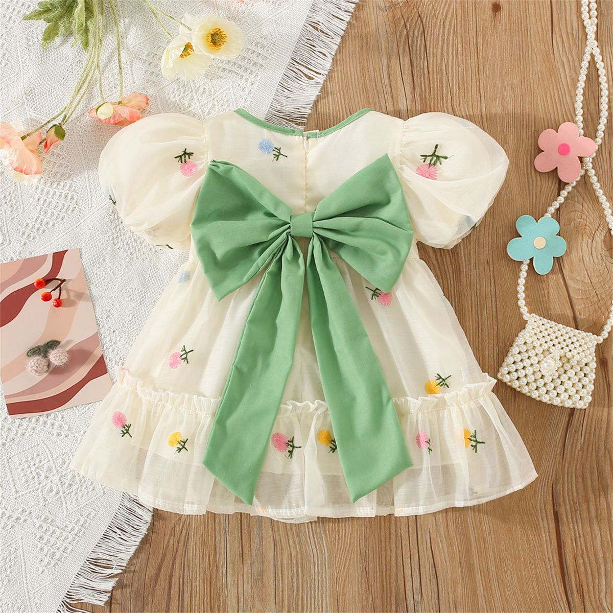 Summer Flower Embroidered Chiffon Dress for Baby Girl Birthday Dress High Quality Kids Clothes Send Big Bow