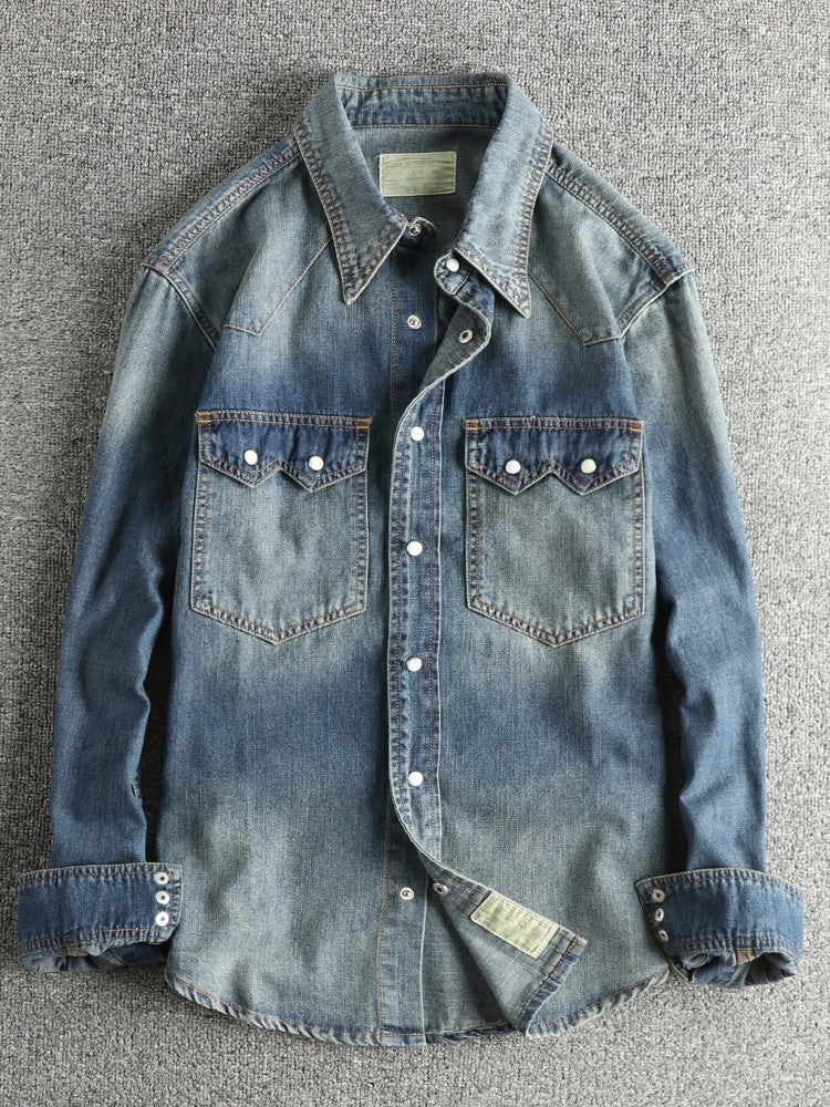 Autumn New American Retro Heavyweight Double Pocket Denim Cargo Shirt Men's Simple 100% Cotton Washed Casual Blouses Thin Jacket