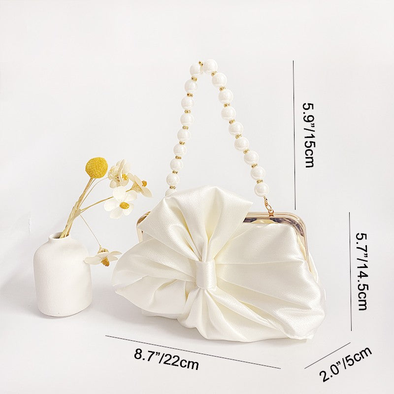 Fashion Bride Beige Women Satin Evening Banquet Clutch Bag Wedding Purse Party Bowknot Day Handbag Elegant Purse