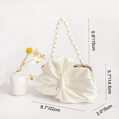 Fashion Bride Beige Women Satin Evening Banquet Clutch Bag Wedding Purse Party Bowknot Day Handbag Elegant Purse