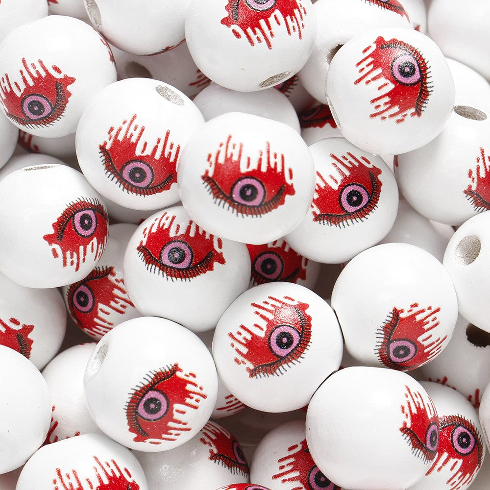 10pcs 16mm Wooden Spacer Beads Halloween Print Spider Eye Witch Bloodstain Ghost Face Mask Beads For Making Bracelet Necklace