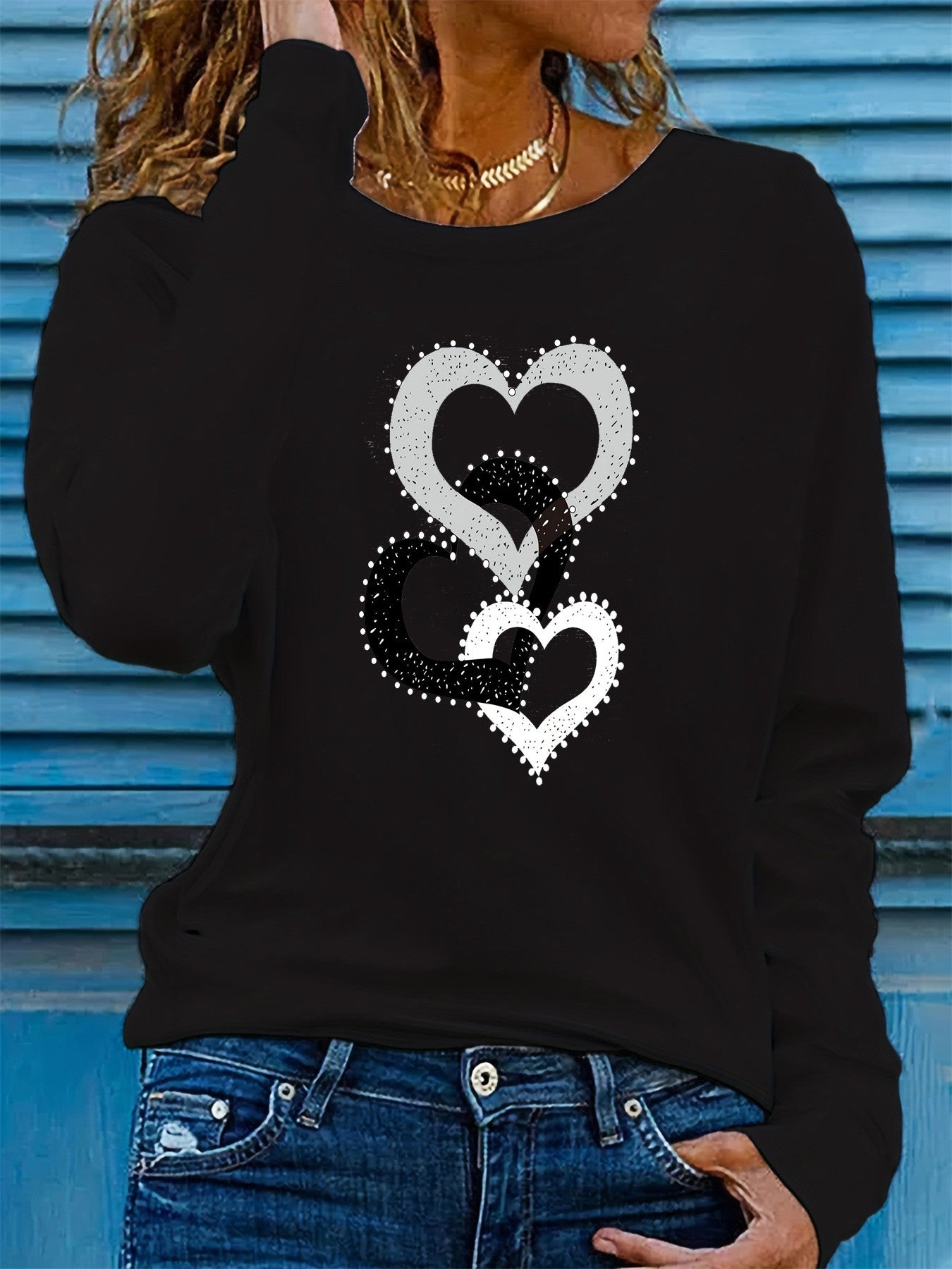 100% pure cotton women's spring and autumn loose comfortable casual heart-shaped graphic printed long sleeved round neck T-shirt