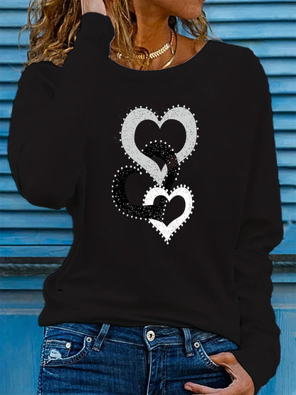 100% pure cotton women's spring and autumn loose comfortable casual heart-shaped graphic printed long sleeved round neck T-shirt