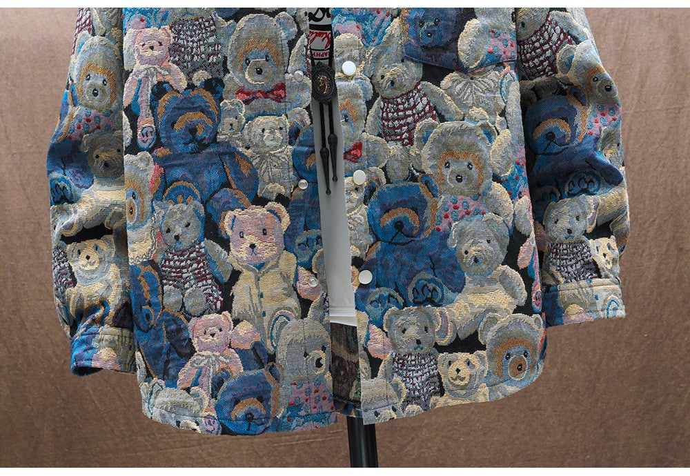 Men Teddy Bear 3/4 Sleeve Jacket Fashion Animal Pattern Coat Jacquard Woven Top Outerwear