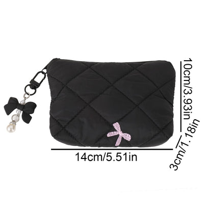 Simple bow quilted clutch, portable everyday small item pouch for lipstick, earphones, and change, soft travel makeup bag