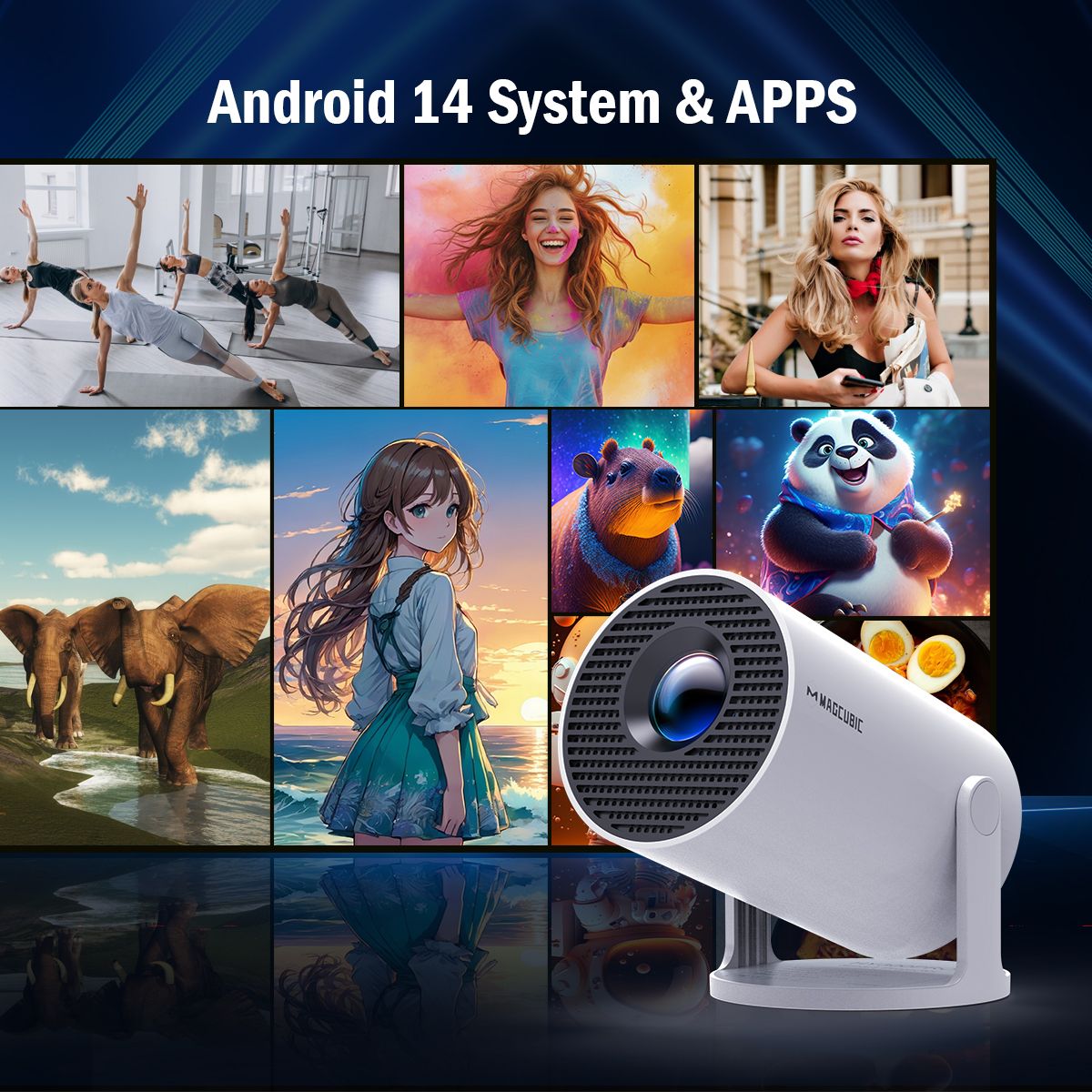 Projetor Magcubic 8K Android 14 HY300 Pro Dual Wifi6 290 ANSI Allwinner H726 BT5.4 1280*720P Cinema Externo Portátil