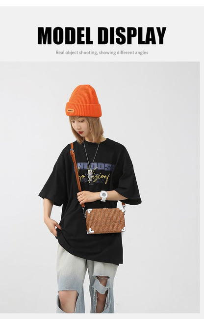 Couple's Sling Bag Straw Weaving with Corner Metal Decoration Boxy Shape Doctor Bag for Date Back to School Party Shoulder Bag