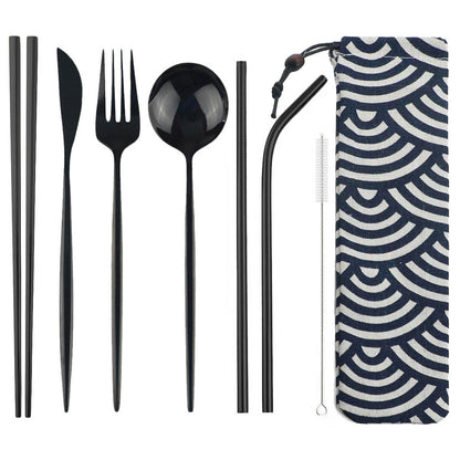 8pcs Portable Travel Knife Fork Spoon Chopsticks Straw Dinneware Set Blue Cutlery Set 304 Stainless Steel Silverware with Pouch