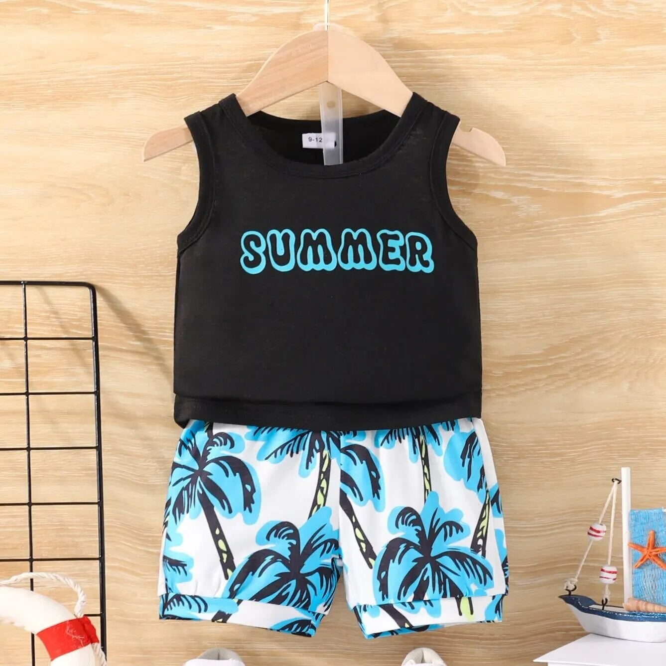 2pieces-Summer Baby Boy Casual Sports Outdoor Comfort Breathable Beach Vacation Travel Black Vest + Coconut Tree Printed Shorts