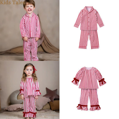 2025 Christmas Costume Child Pajamas Kid Clothes Sets Boy Girl Loungewear Suit Stripe 100% Cotton Toddler Homewear Night Dresses