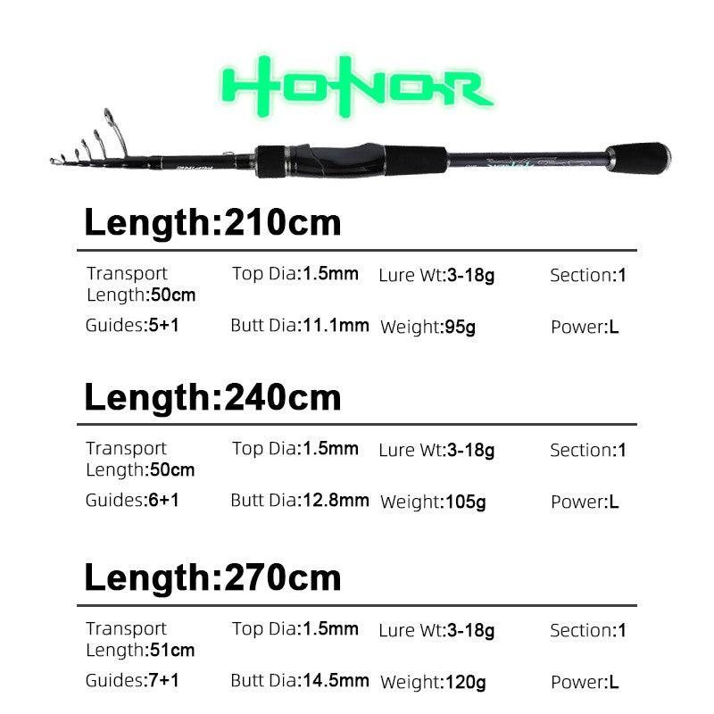 Vara de Pesca Telescópica MIFINE HONOR Fibra de Carbono 24T 2.1M 2.4M 2.7M Varas de Spinning para Viagem Peso da Isca 3-18g 6-27g Varas com Ponta Sólida