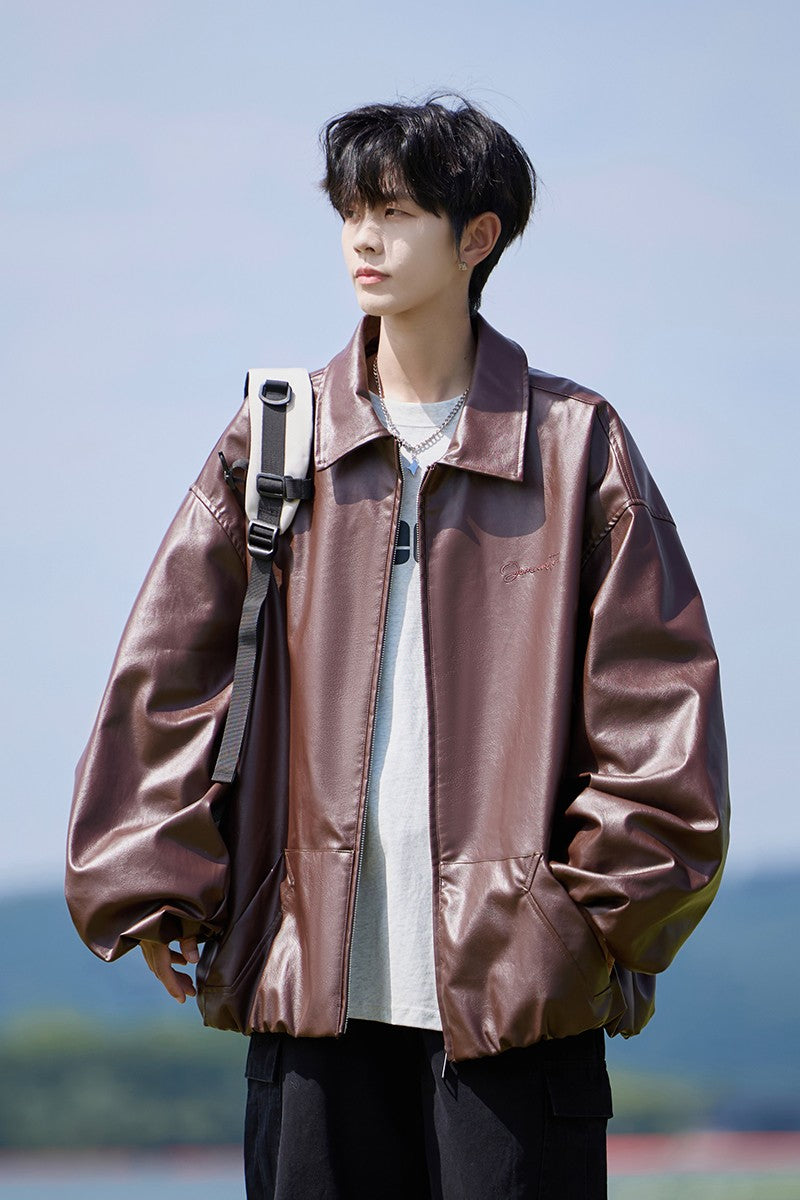 Trend Men's Faux Leather Jacket Autumn Winter Fashionable Solid Color Standing collar PU Leather Biker Jacket Handsome Men Coat