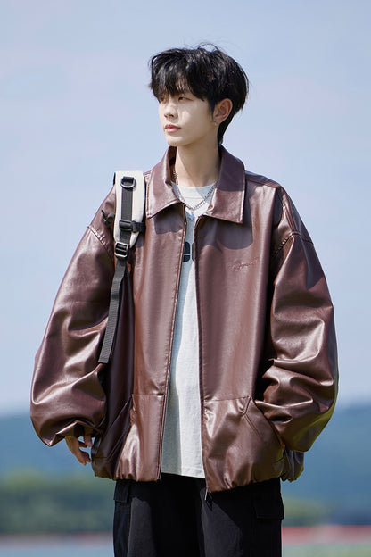 Trend Men's Faux Leather Jacket Autumn Winter Fashionable Solid Color Standing collar PU Leather Biker Jacket Handsome Men Coat