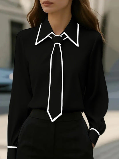 Women's Blouse Fashion Shirt Formal Bow Tie Long-sleeve Contrasting Trim Tops Slim-fit Workwear Elegant Office Lady Shirts Women
