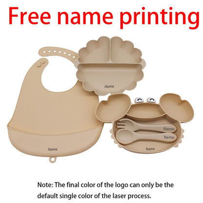 Free Name Printing Children's Tableware Set: Bib, Plate, Fork, Spoon - Silicone Material Personalized Gift