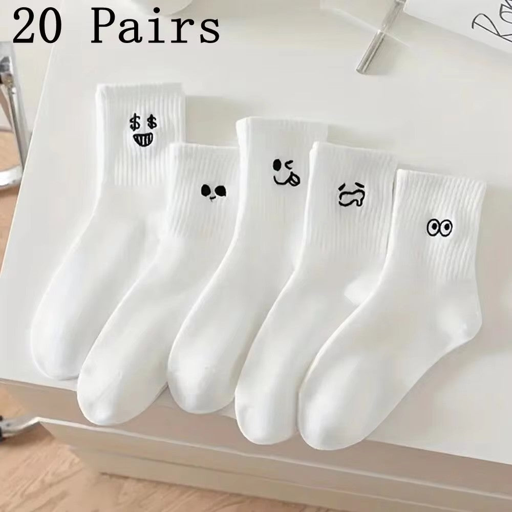 5/10/20 Pairs Men White Cartoon Socks Trendy Versatile Expression Socks With Simple Soft Breathable Comfortable Casual Socks