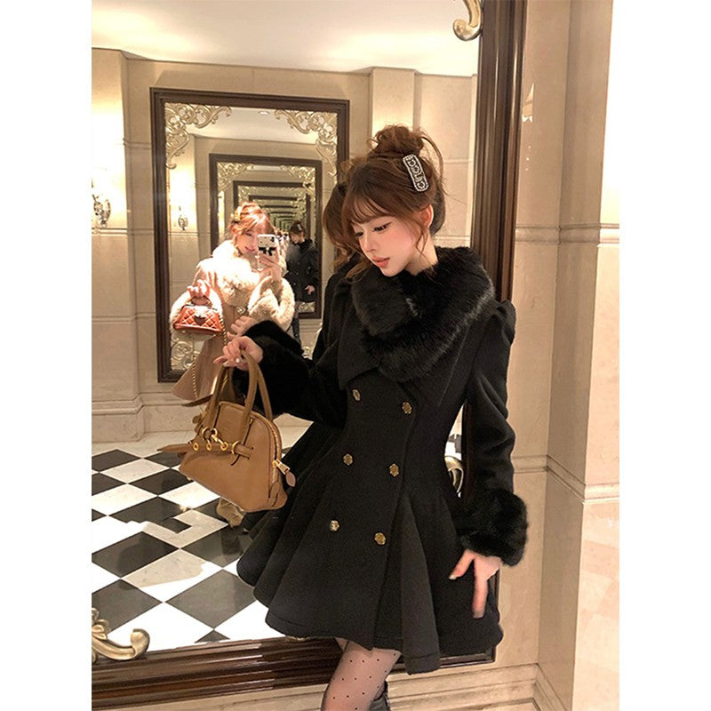 Vintage Black Wool Blends Coats Women Elegant Faux Collar Woolen Jacket Korean Long Sleeve Outerwears Winter Design Overcoat New