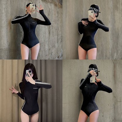 Long Sleeve Swimsuit Women Full Body Wetsuit Front Zip One Piece Bathing Suit with Built in Bra for Wakeboarding Diving Vacation