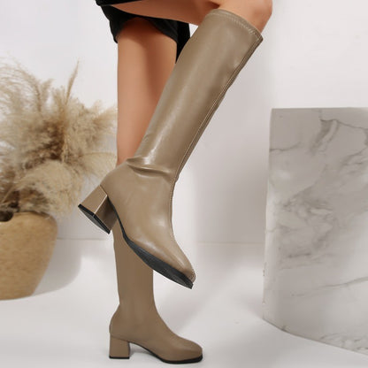 Winter Women Knee High Boots Cosy Soft Leather Thick Heel Shoes Female Vintage Slim Long Booties Zapatos De Muje